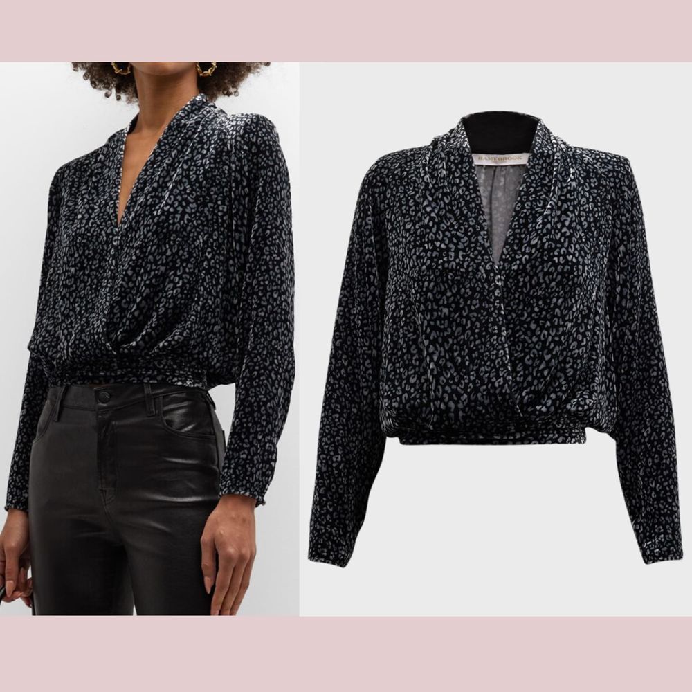 NEW $425 Ramy Brook [ XL ] Jordyn Leopard-Print Velvet Blouse Top‎ Black Grey